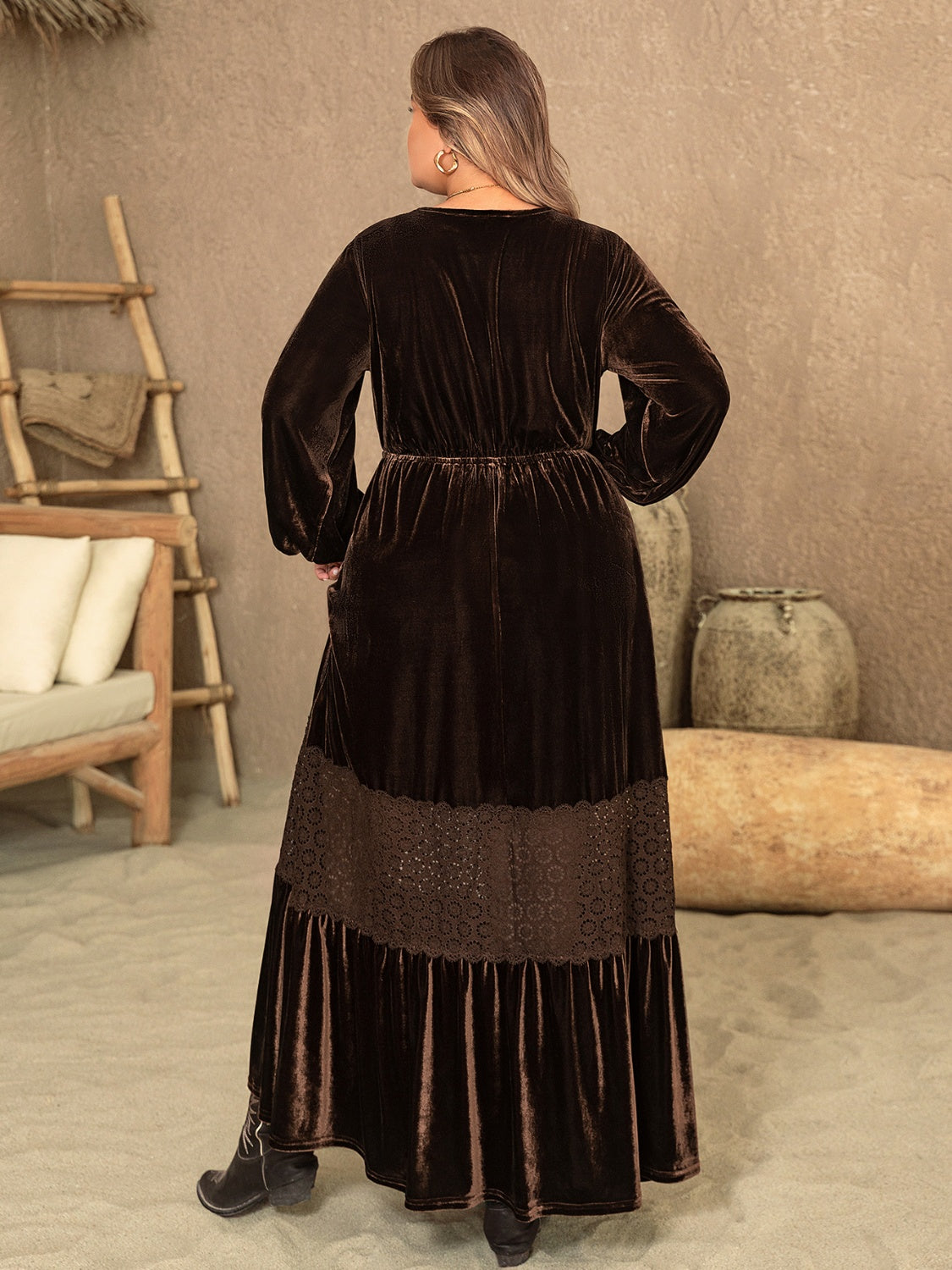 Plus Size V-Neck Long Sleeve Velvet Maxi Dress in Chocolate