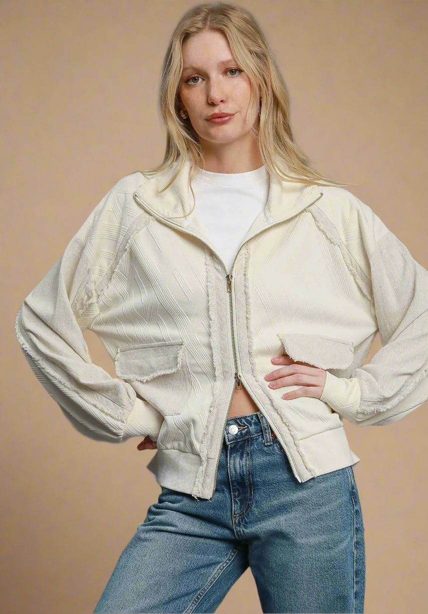 Ivory Mixed Fabric Zip Up Jacket