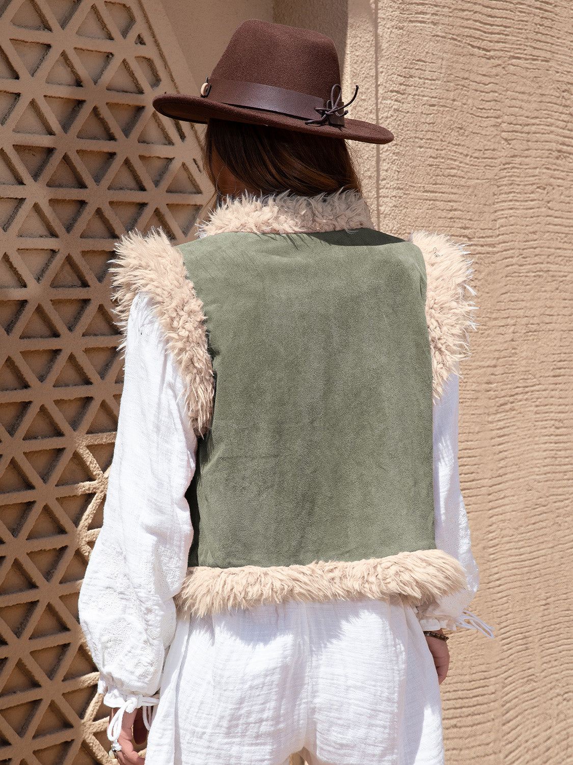 Faux Fur Trim Open Front Vest in Matcha Green