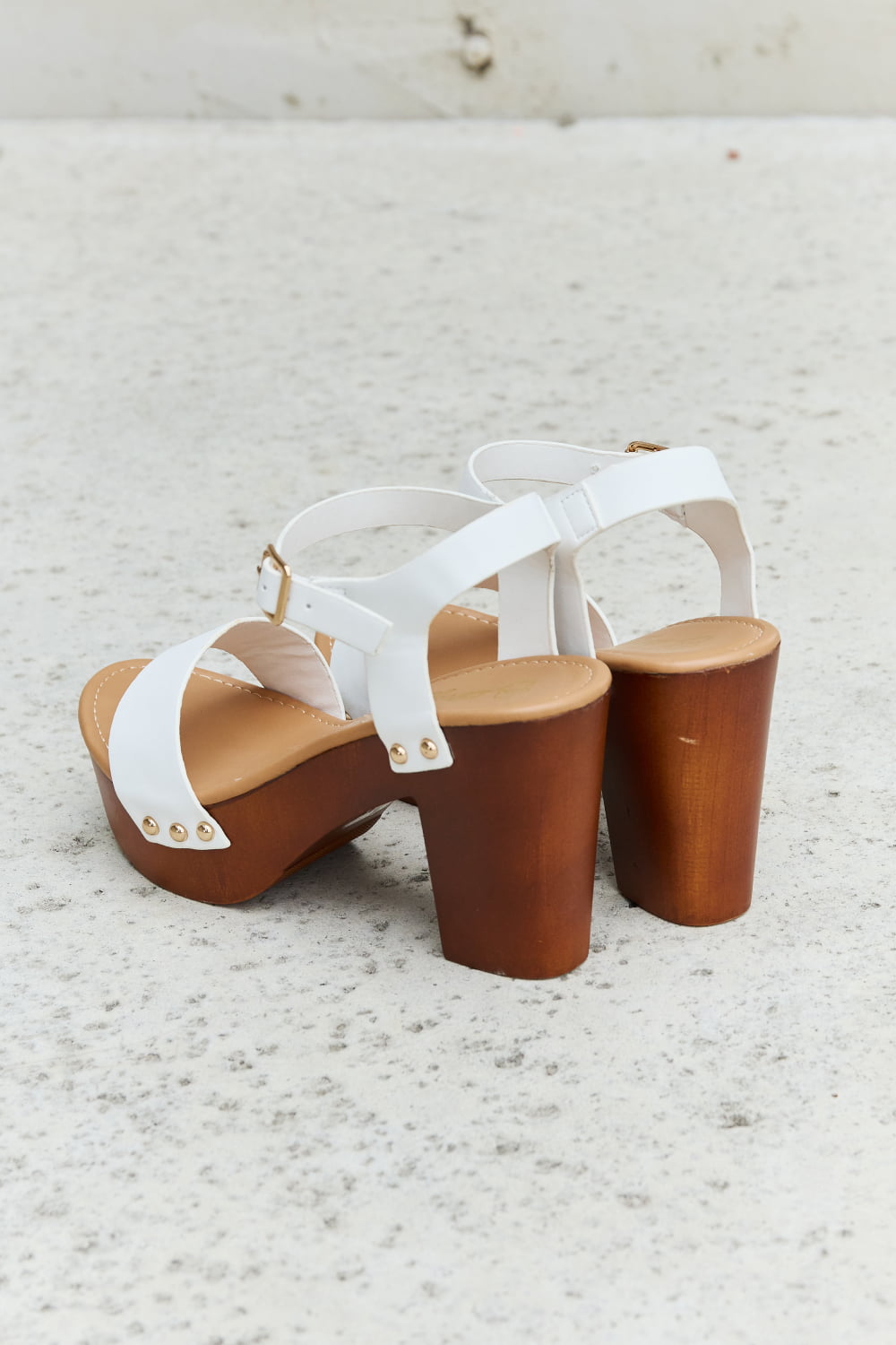 DDK - Vegan Leather Wooden Platform Strappy Sandals in White