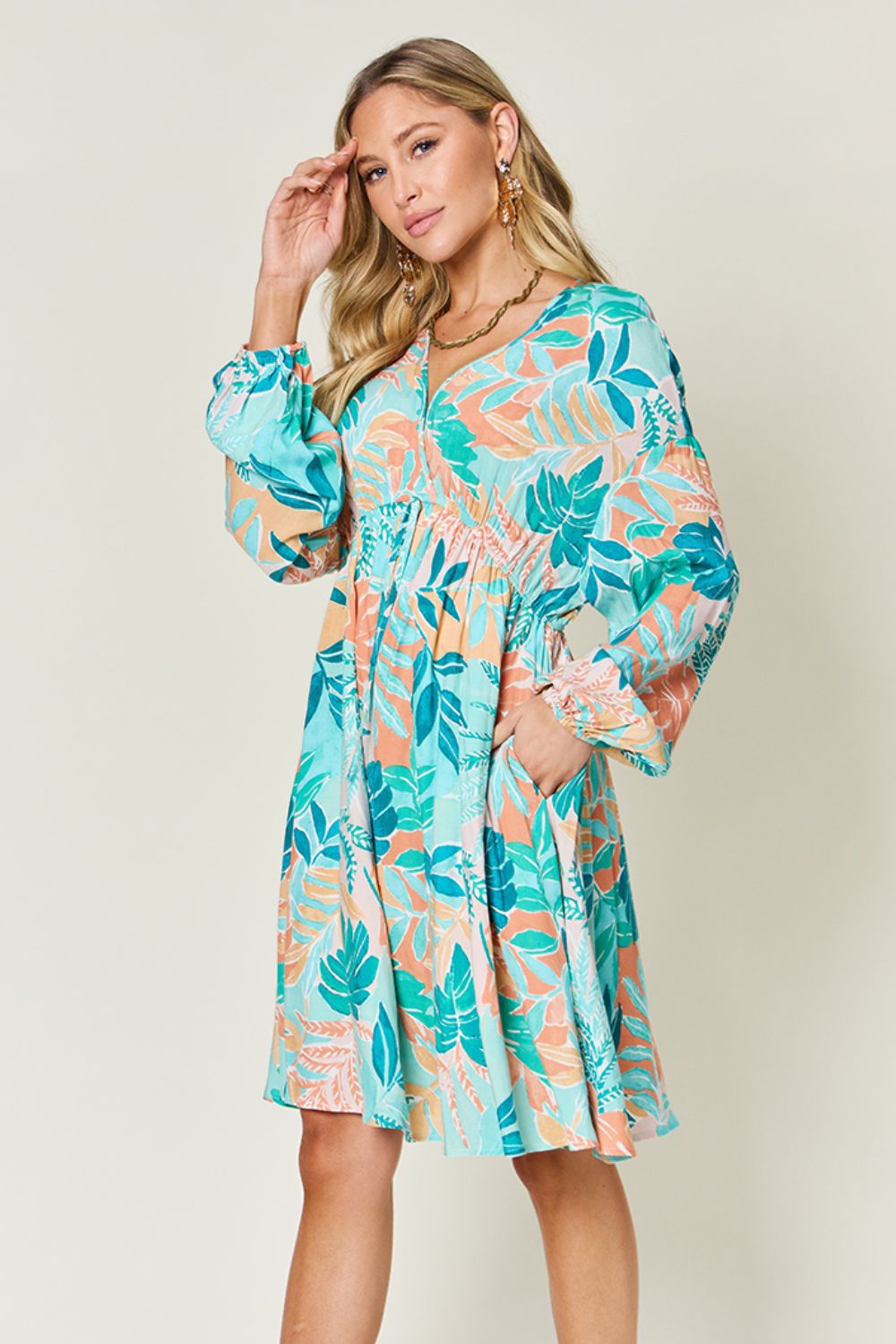 Floral Print V-Neck Drawstring Knee-Length Dress in Turquoise