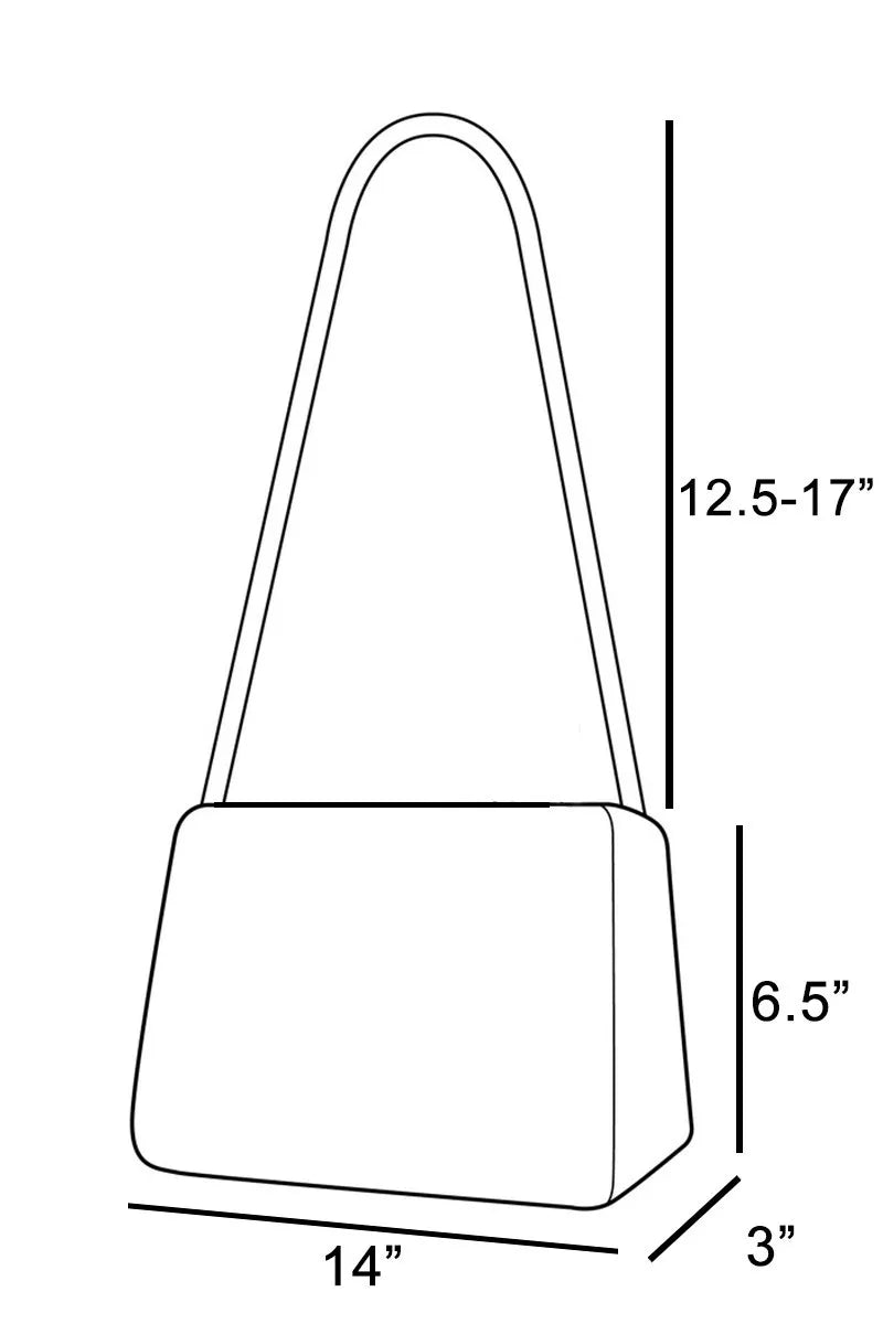 Line drawing of a handbag with dimensions indicated