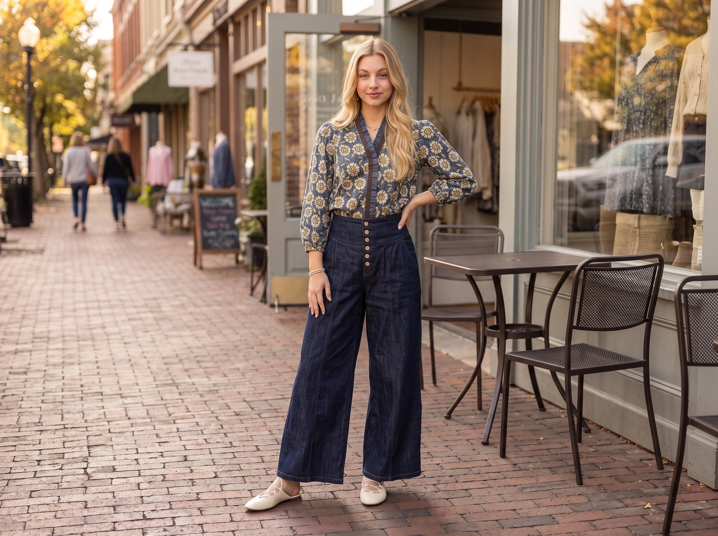 A woman stands on a brick sidewalk in front of a clothing store, wearing a long-sleeve button-front blouse with a blue, yellow, and white floral pattern and dark wide-leg jeans.