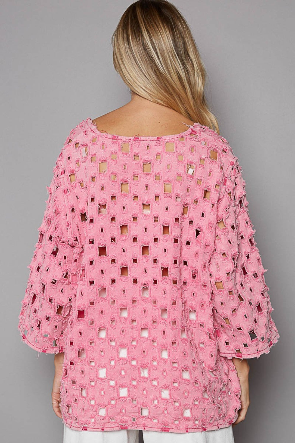 Distressed Openwork Top in Punch Pink