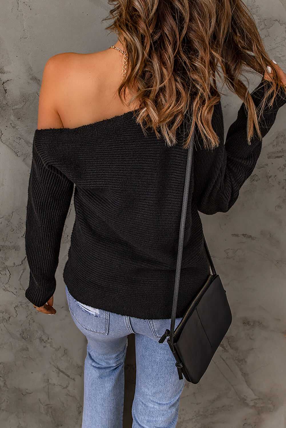 Black Horizontal Rib Knit One-Shoulder Sweater