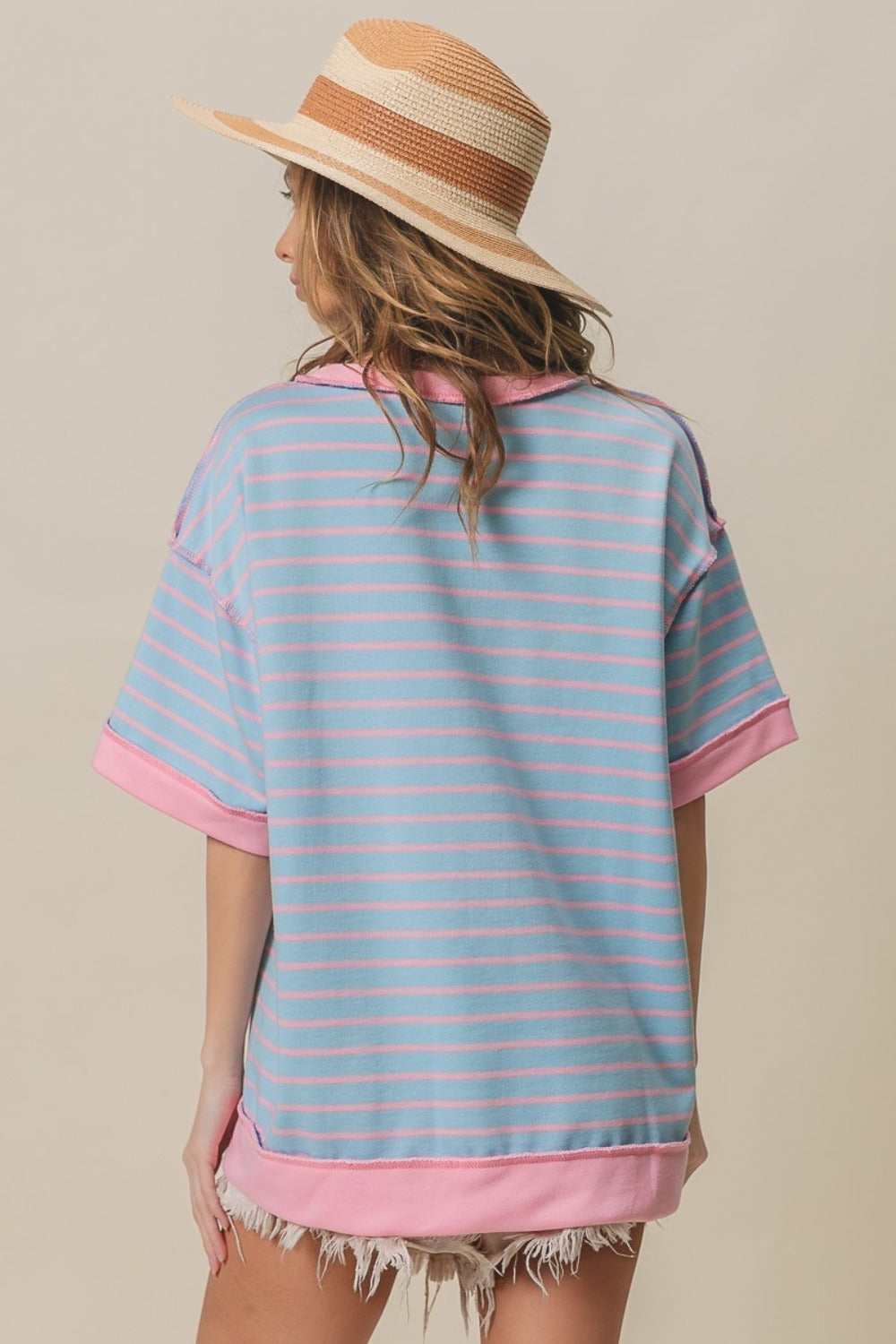 Exposed Seams Striped Contrast T-Shirt in Light Blue Blush