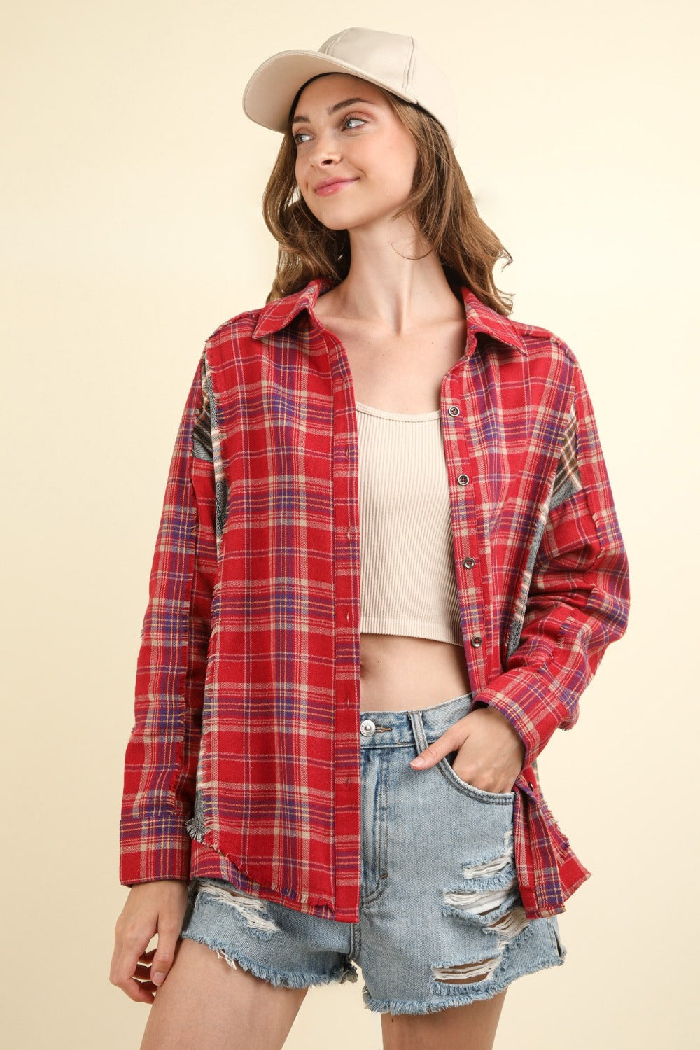 Red Contrast Plaid Raw Seams Shirt