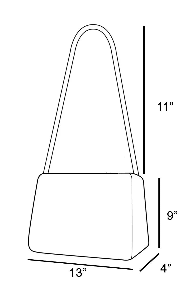 Line drawing of a handbag with dimensions labeled