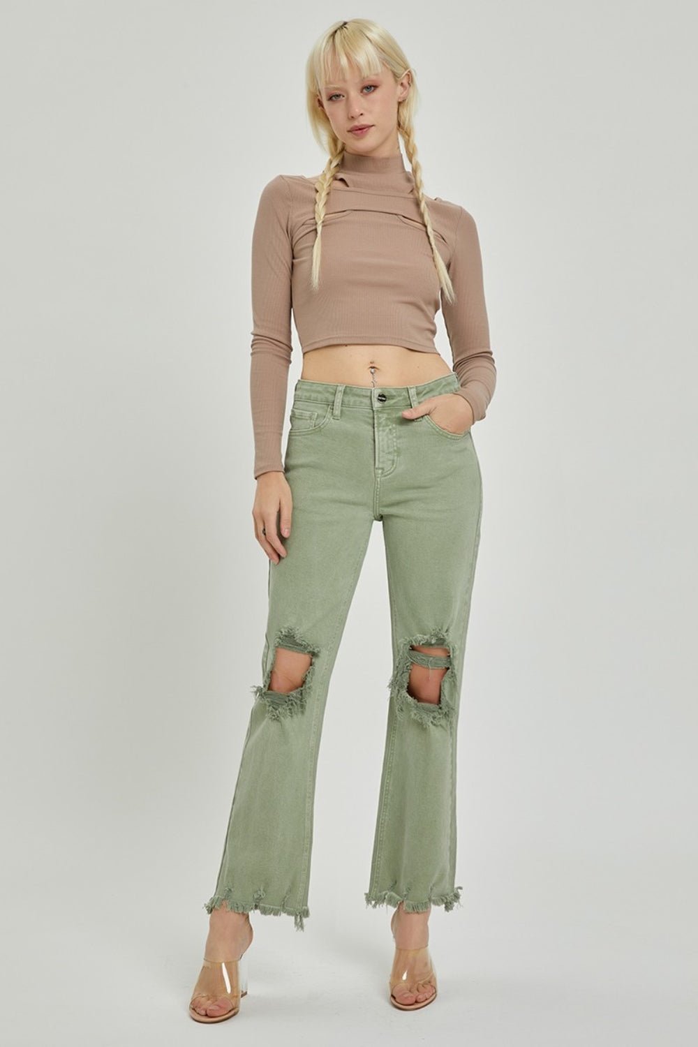 Distressed Ankle Bootcut Jeans in OliveJeansRISEN