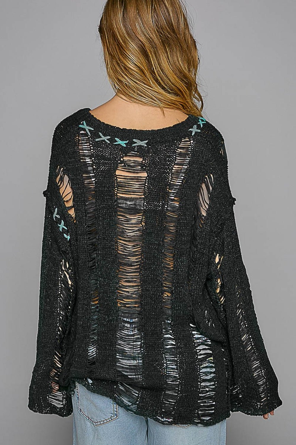 Distressed Dropped Shoulder Long Sleeve Knit Top in BlackTopPOL