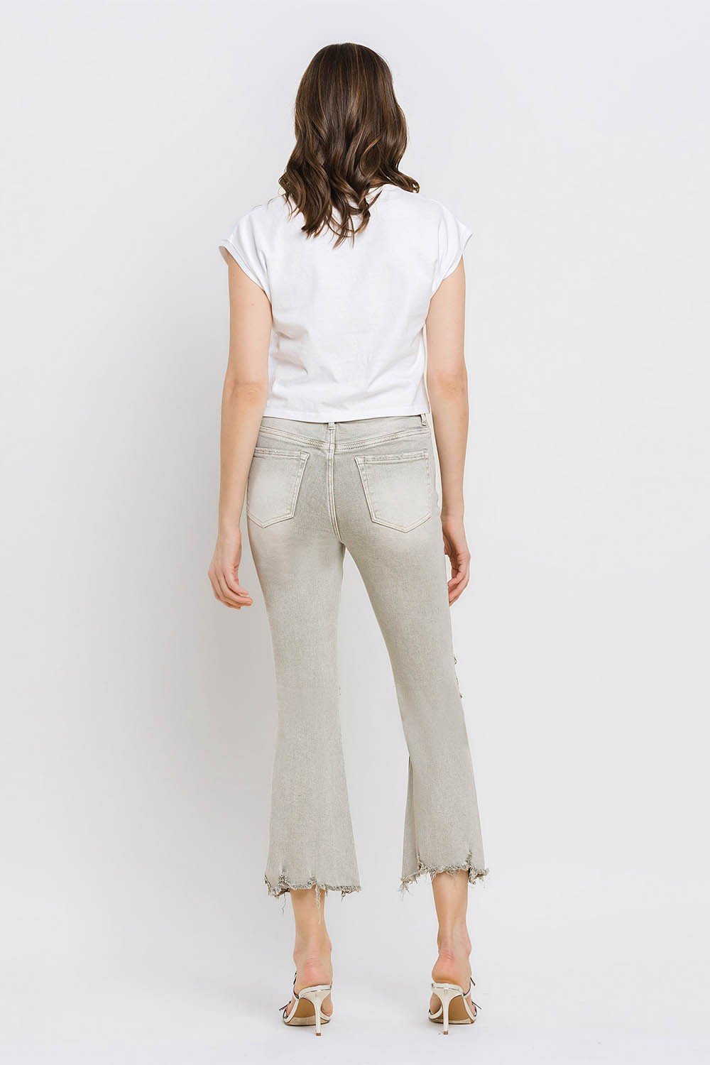 Distressed Raw Hem Cropped Flare Jeans in Moss GreenJeansLovervet