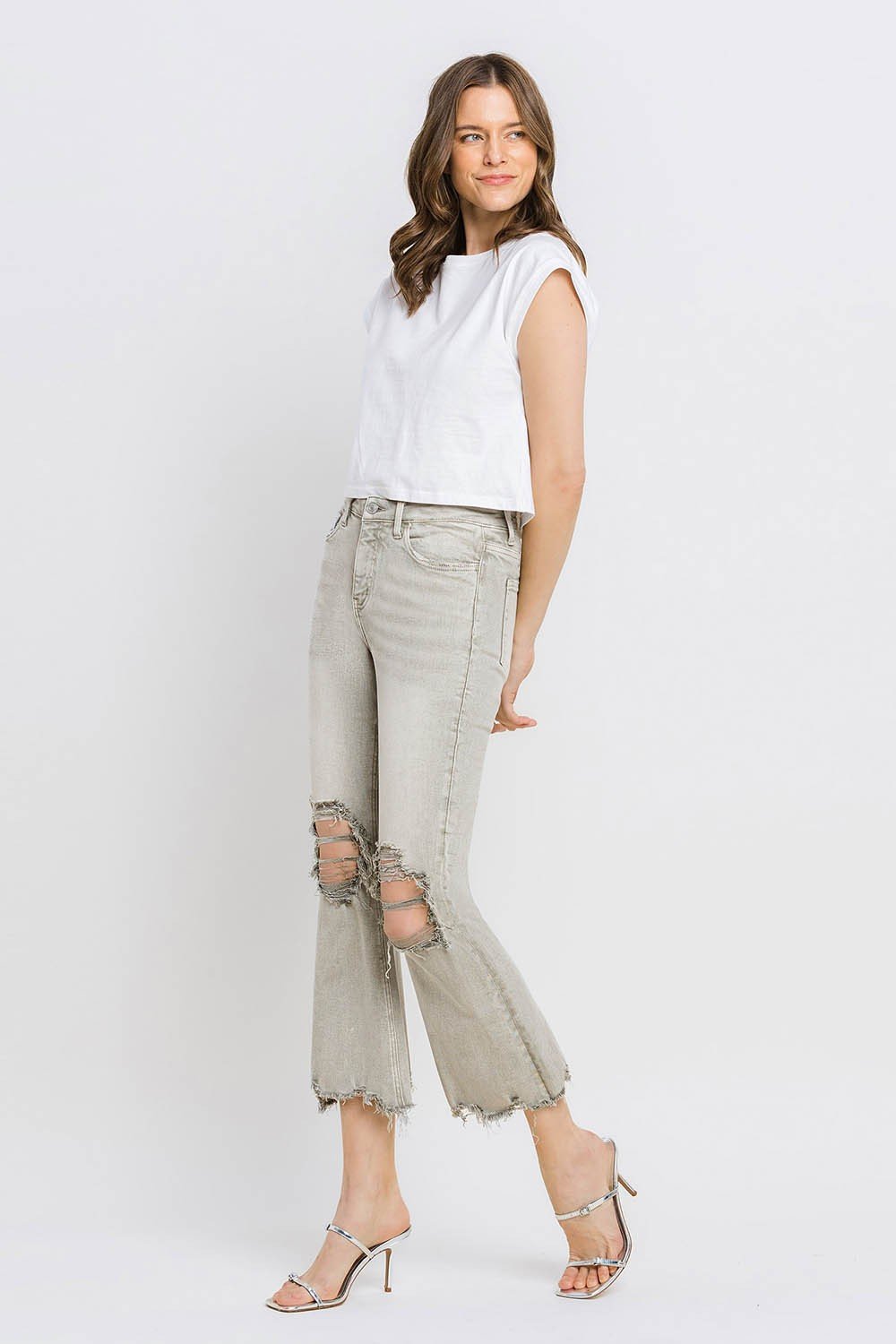 Distressed Raw Hem Cropped Flare Jeans in Moss GreenJeansLovervet