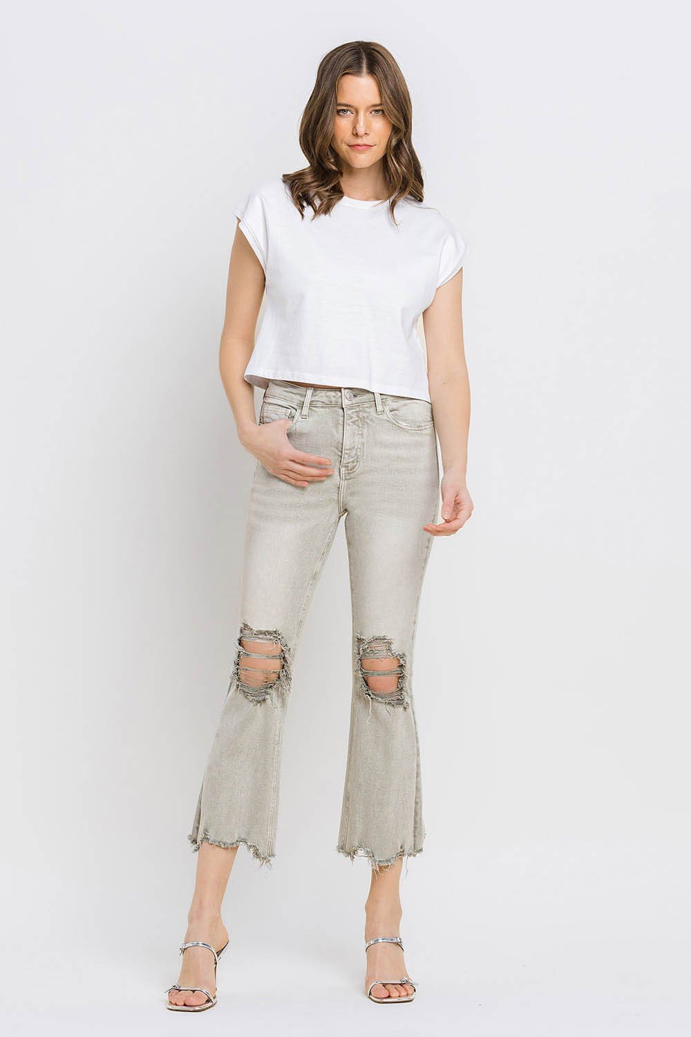 Distressed Raw Hem Cropped Flare Jeans in Moss GreenJeansLovervet
