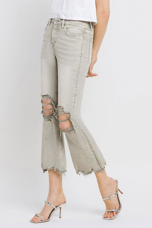 Distressed Raw Hem Cropped Flare Jeans in Moss GreenJeansLovervet