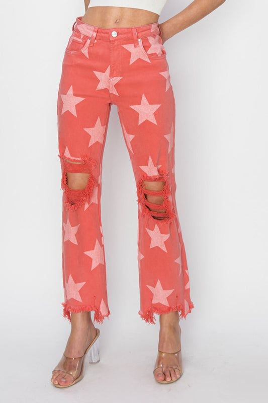 Distressed Raw Hem Star Pattern Jeans in Peach BlossomJeansRISEN