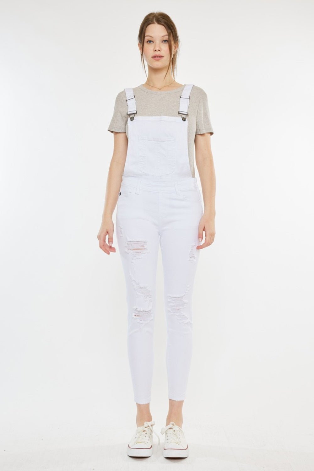 Distressed Skinny Denim Overalls in WhiteOverallsKancan