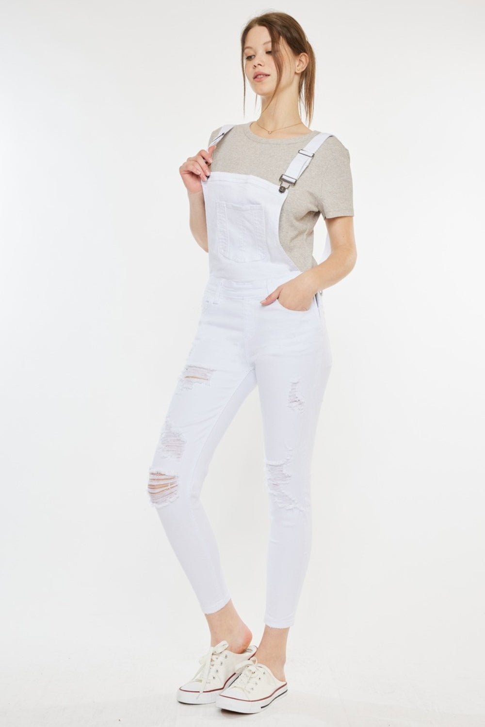 Distressed Skinny Denim Overalls in WhiteOverallsKancan