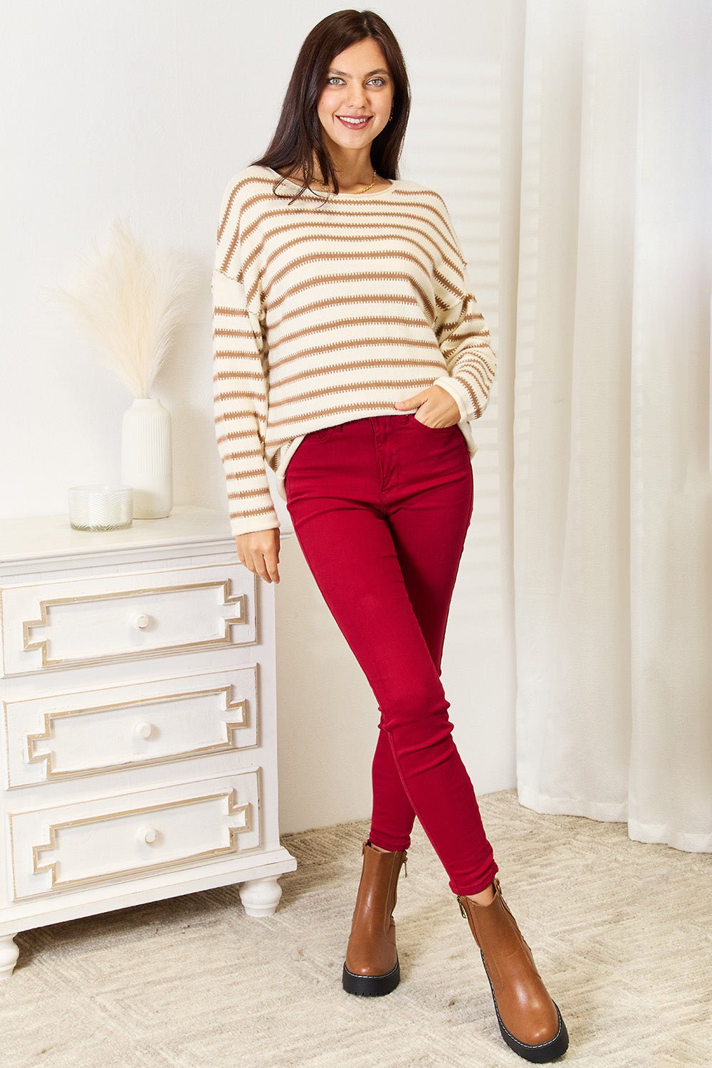 Double Take - Beige Striped Boat Neck Sweater