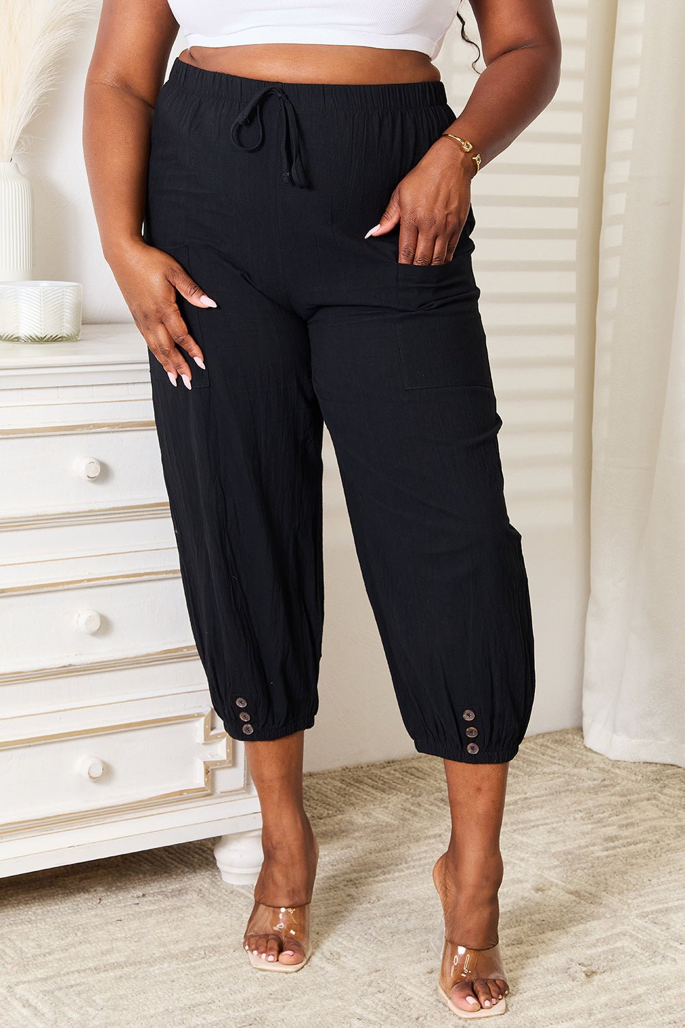 Double Take - Black Button Detail Cropped Pants