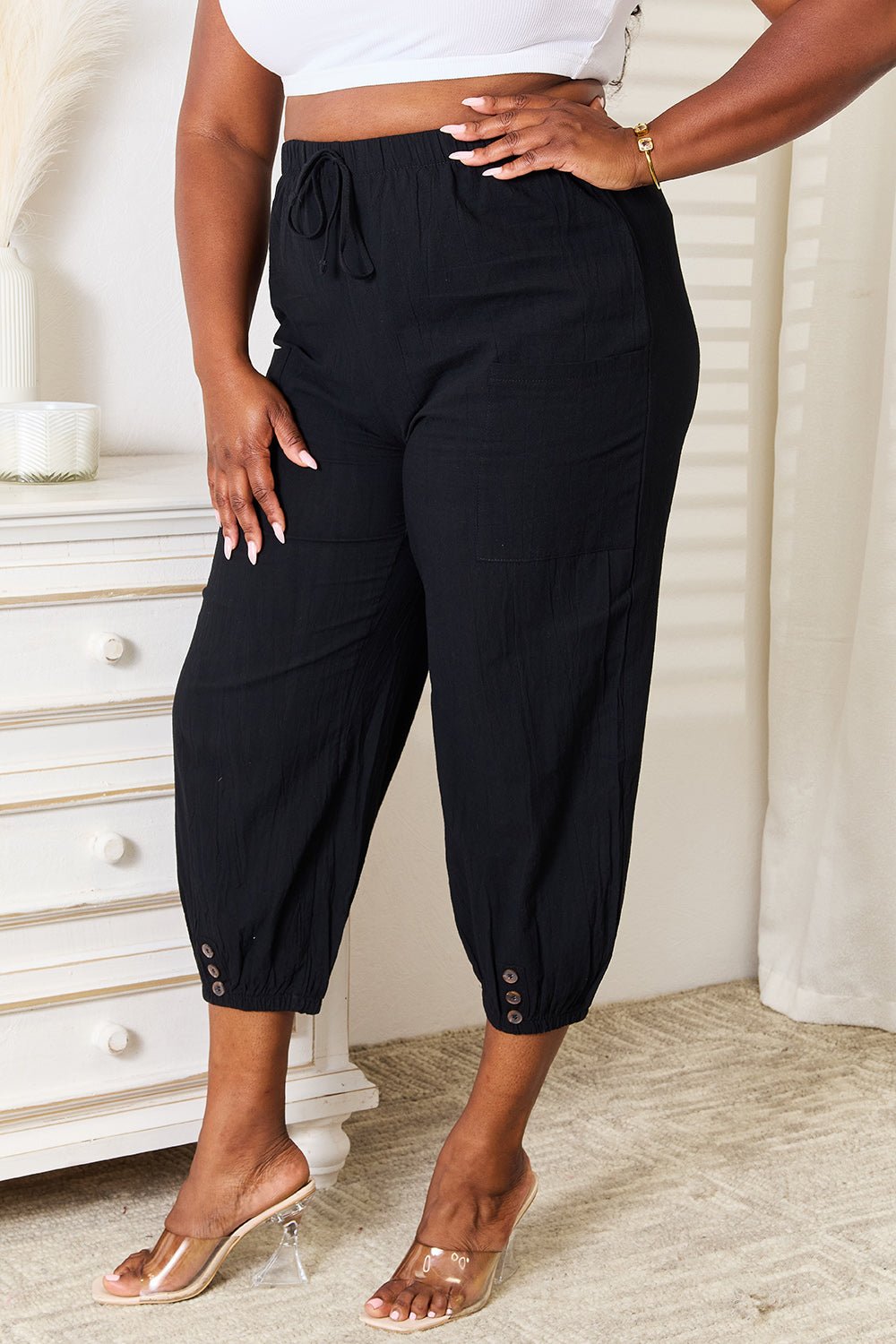 Double Take - Black Button Detail Cropped Pants