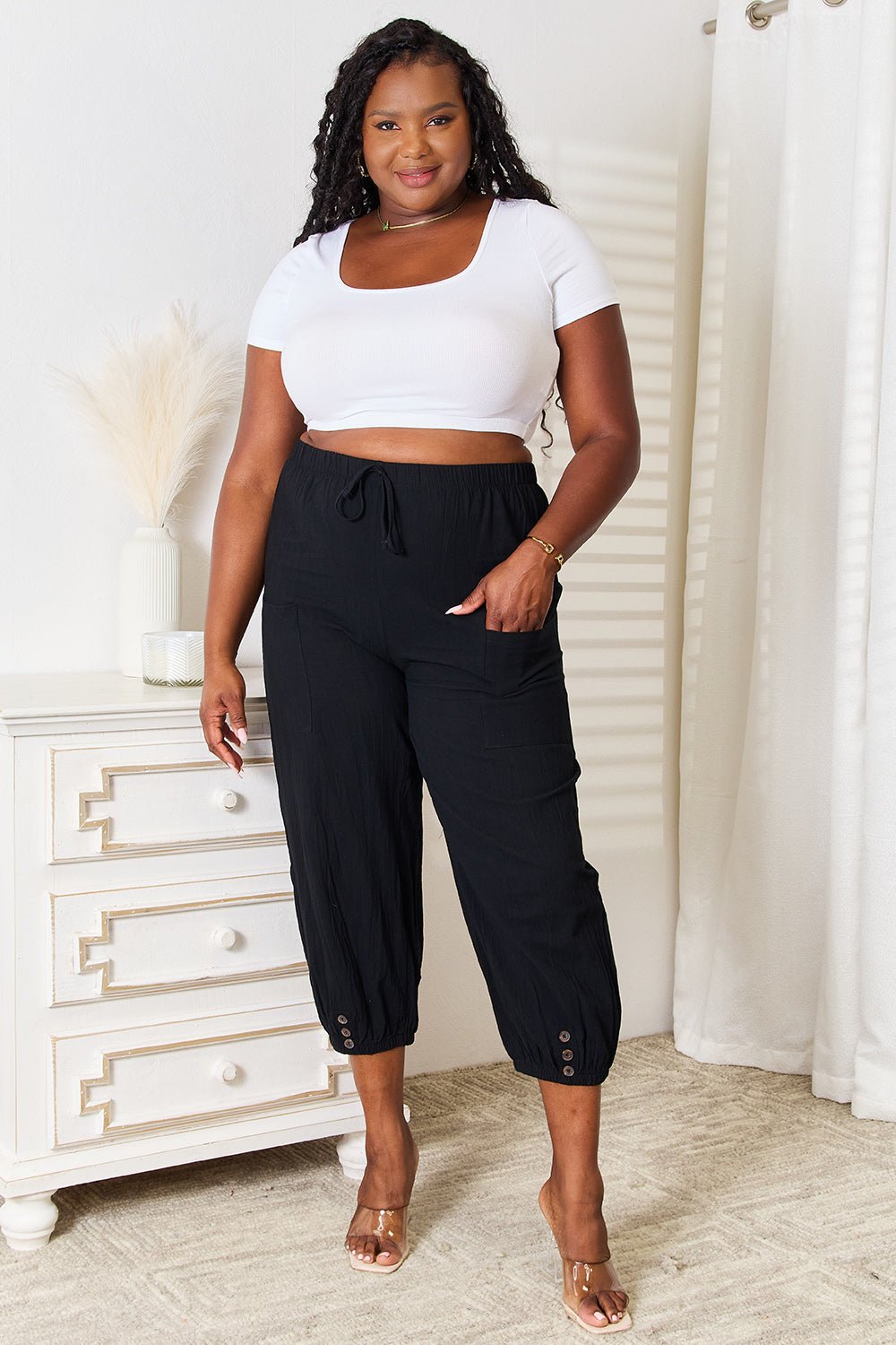 Double Take - Black Button Detail Cropped Pants