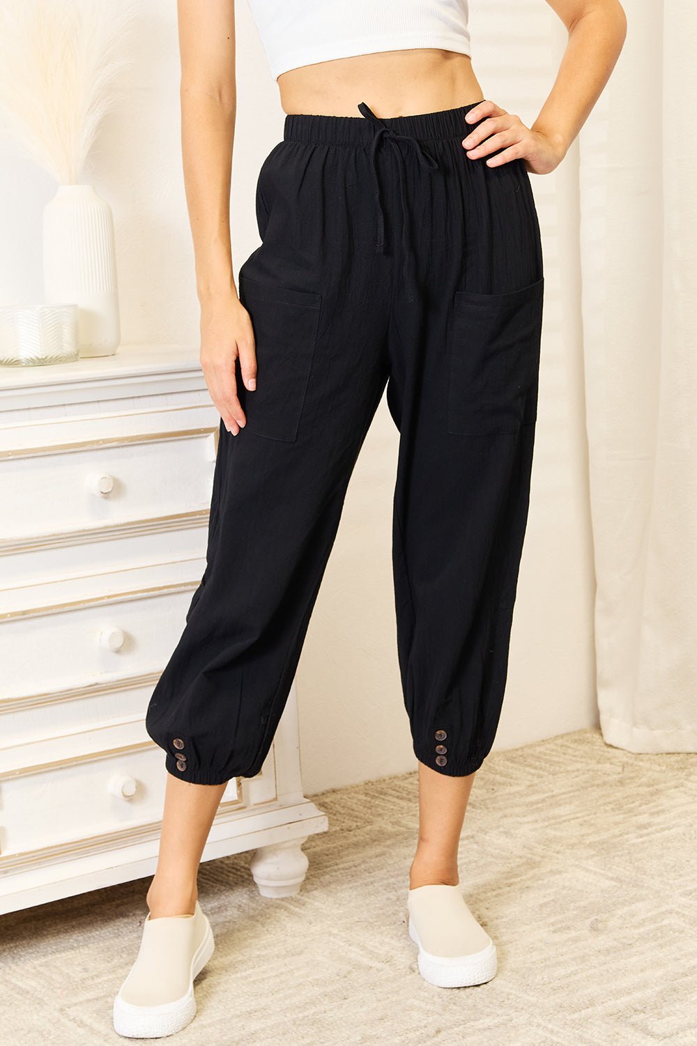 Double Take - Black Button Detail Cropped Pants