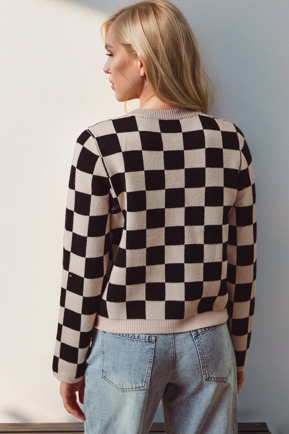 Double Take - Black Checkered Tie Front Long Sleeve Cardigan