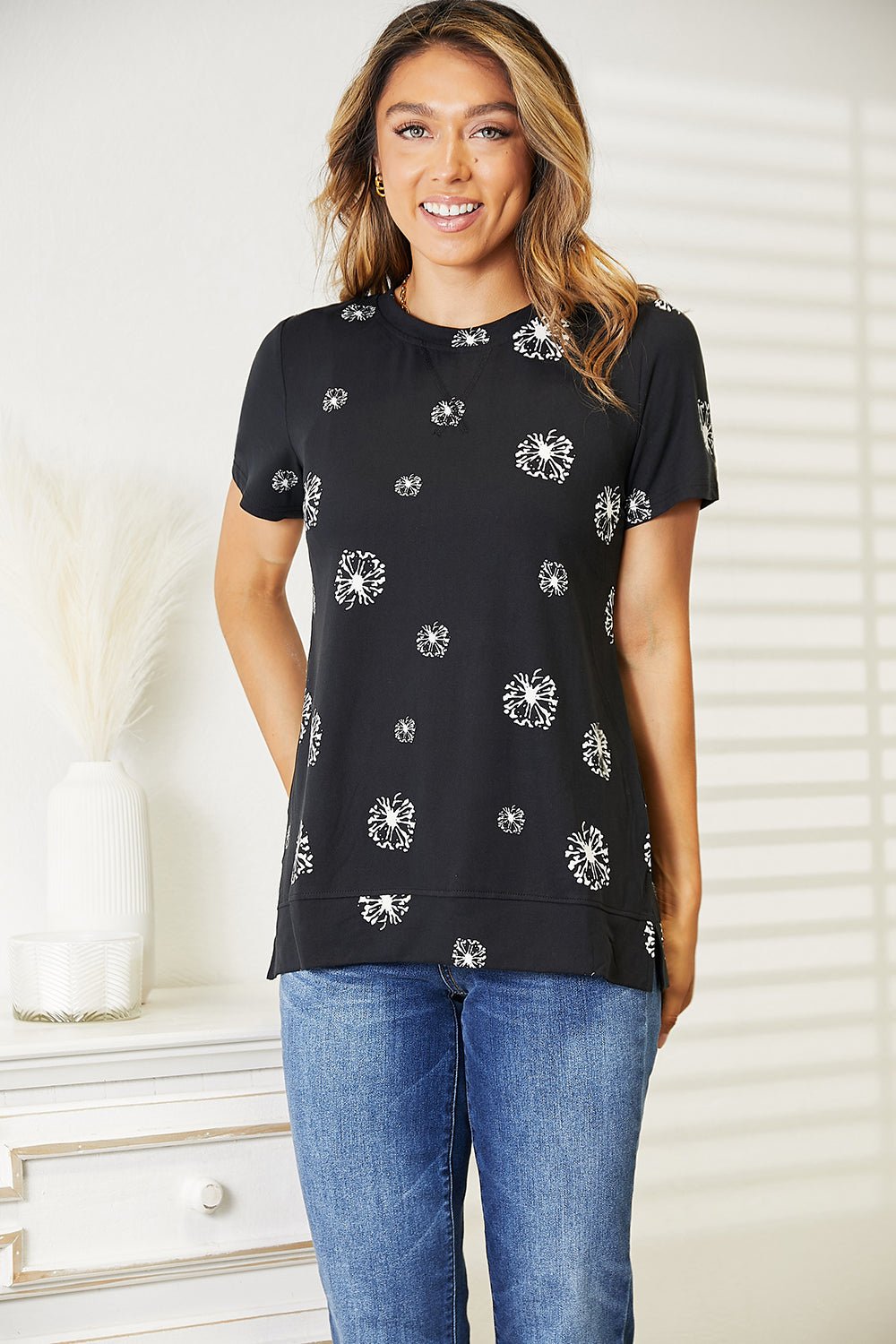 Double Take - Black Dandelion Print T-Shirt