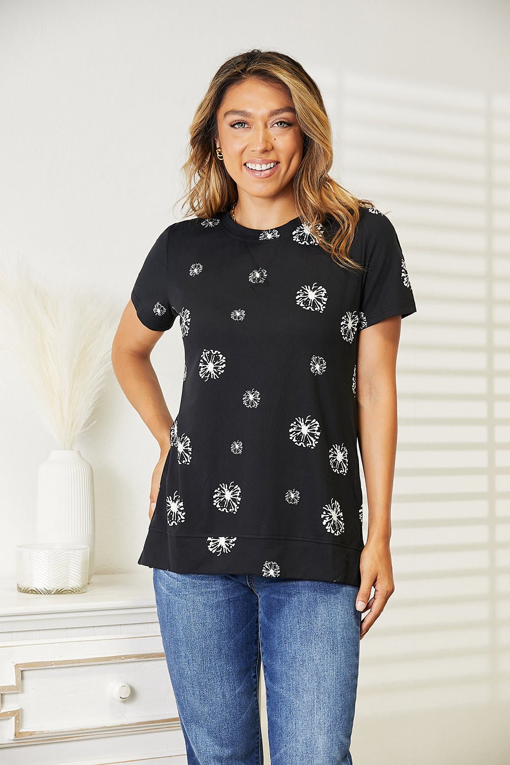 Double Take - Black Dandelion Print T-Shirt