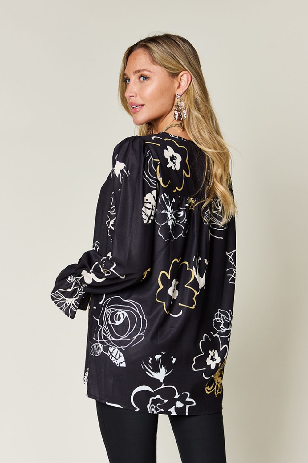 Double Take - Black Floral Print Flounce Sleeve Blouse