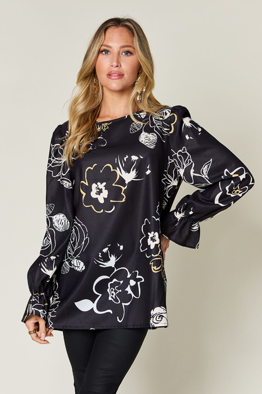 Double Take - Black Floral Print Flounce Sleeve Blouse