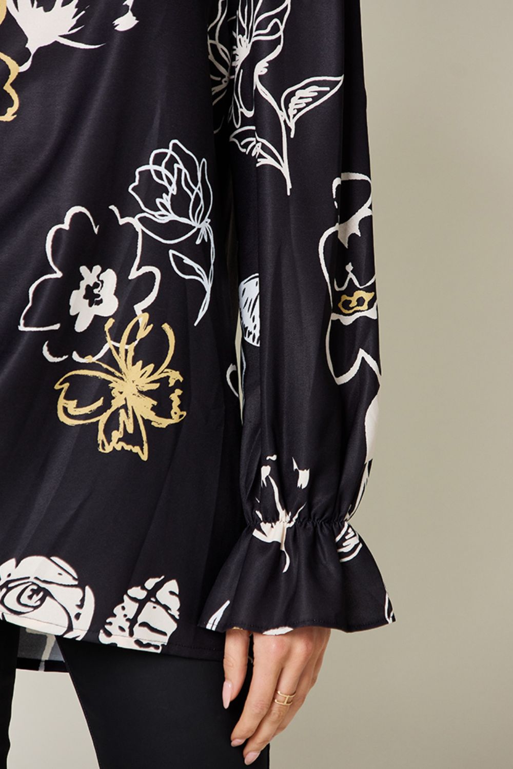 Double Take - Black Floral Print Flounce Sleeve Blouse