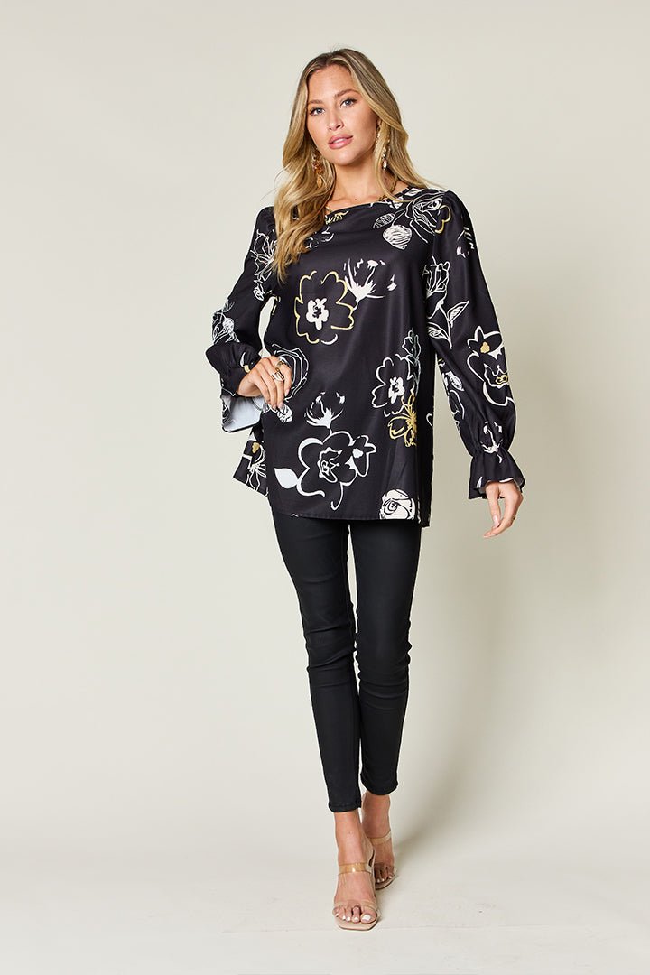 Double Take - Black Floral Print Flounce Sleeve Blouse