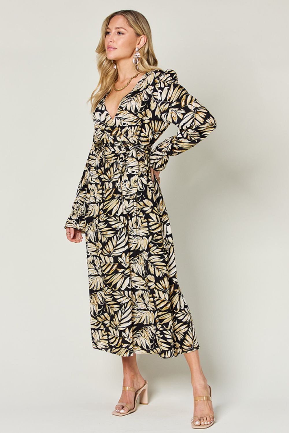 Double Take - Black Flounce Sleeve Midi Wrap Dress