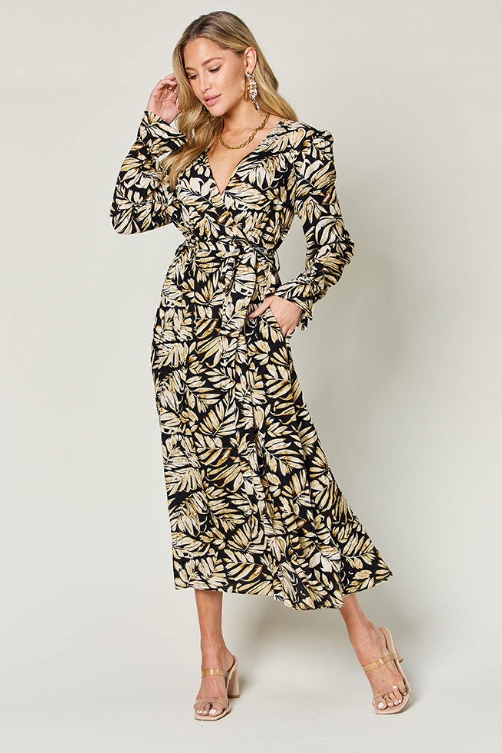 Double Take - Black Flounce Sleeve Midi Wrap Dress