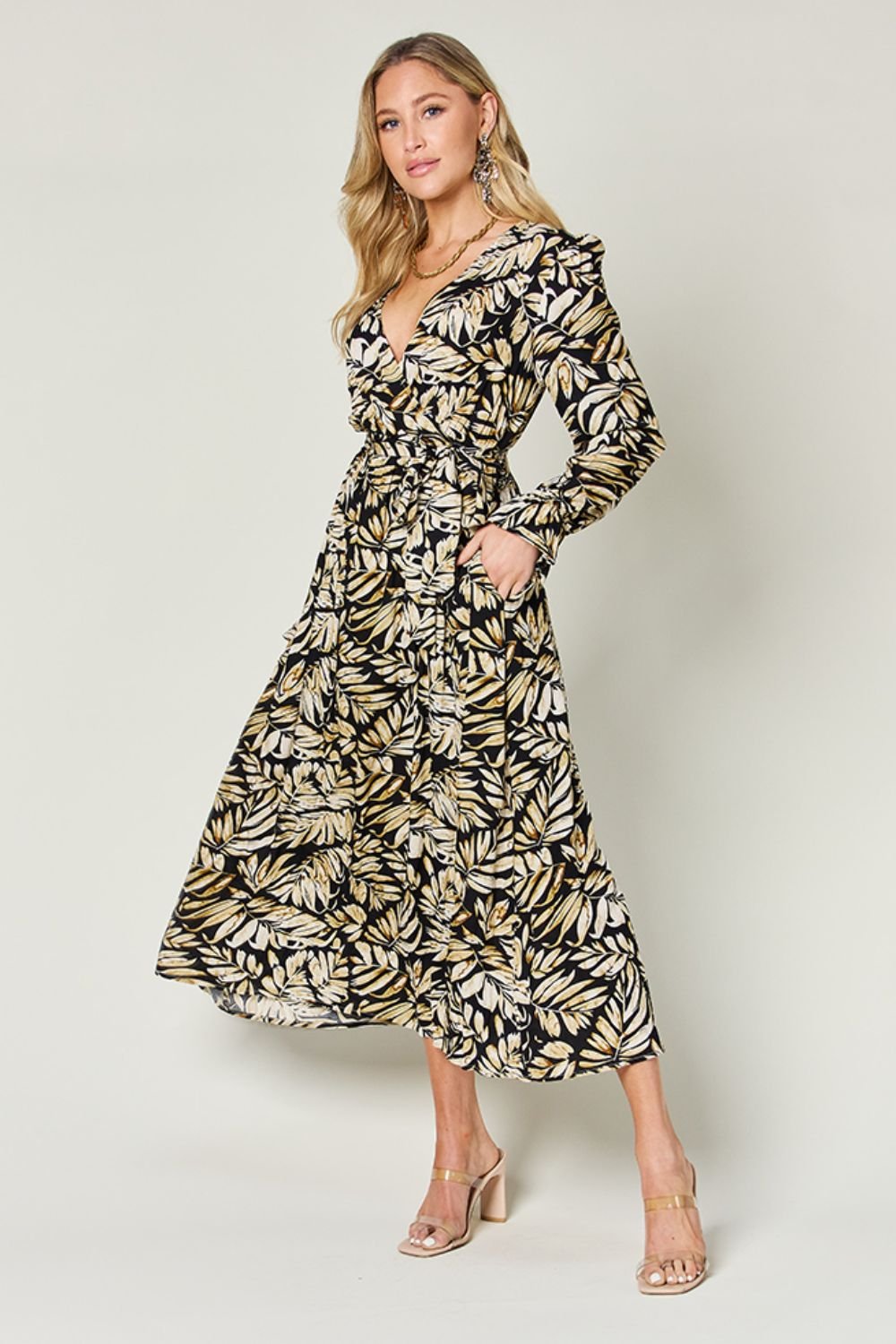 Double Take - Black Flounce Sleeve Midi Wrap Dress