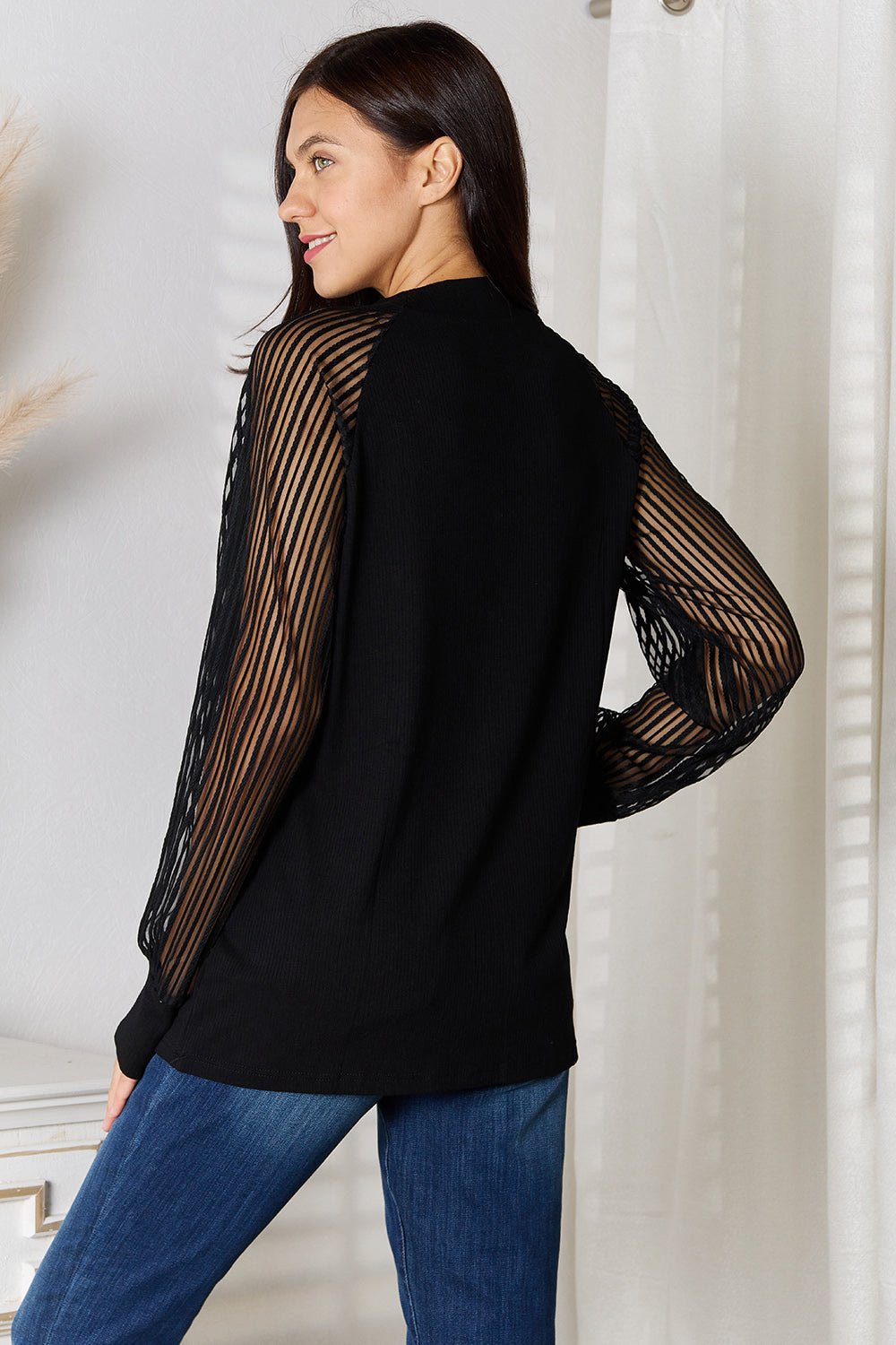 Double Take - Black Long Sheer Sleeve Blouse