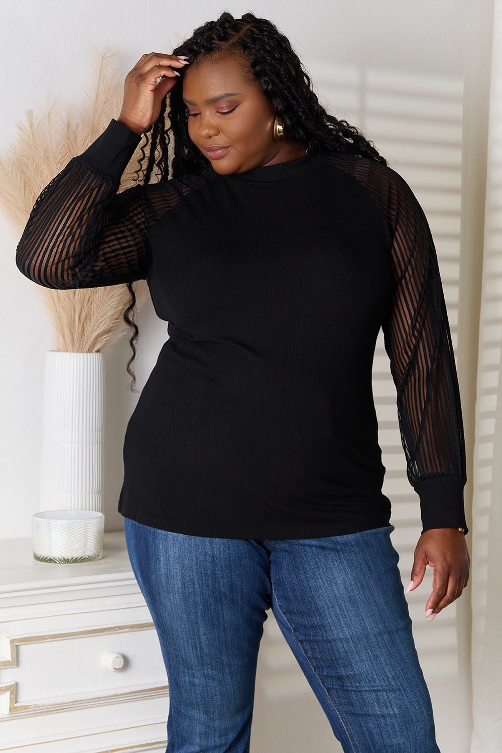 Double Take - Black Long Sheer Sleeve Blouse