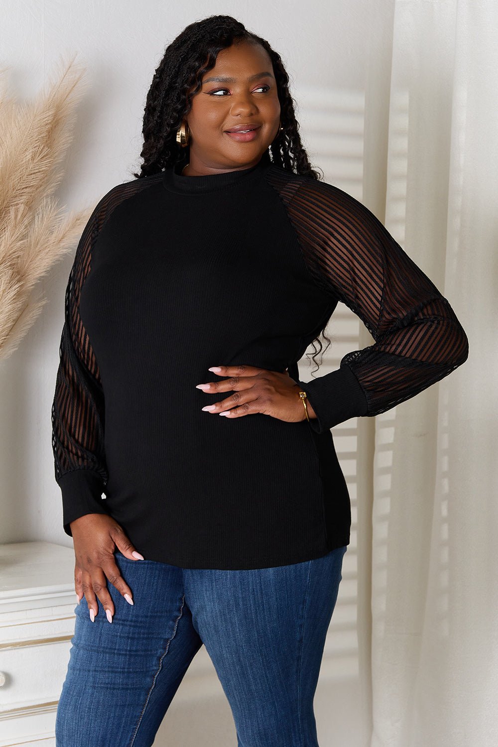 Double Take - Black Long Sheer Sleeve Blouse