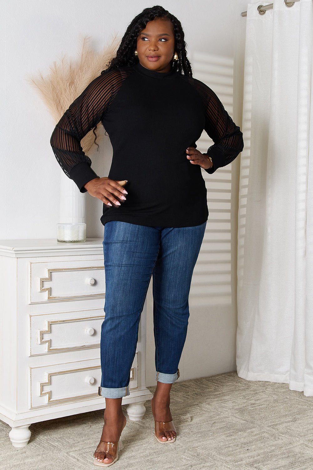 Double Take - Black Long Sheer Sleeve Blouse