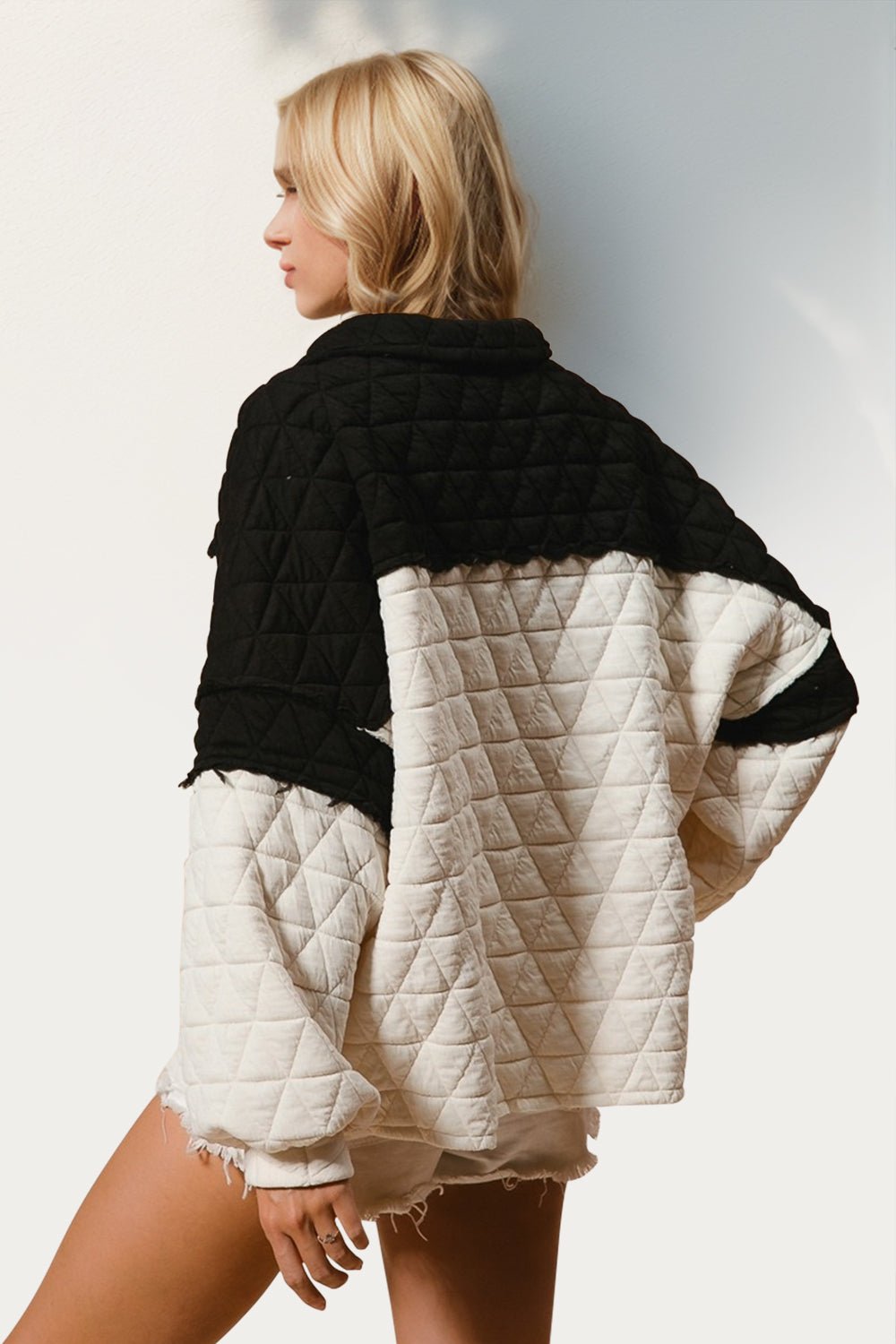 Double Take - Black Quarter Button Quilted Sweatshirt