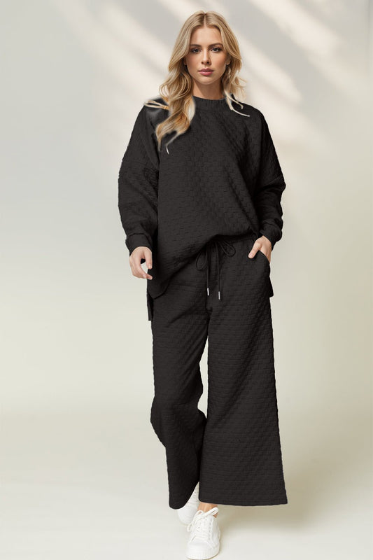 Double Take - Black Quilted Long Sleeve Tunic Top and Wide Leg Pants Set