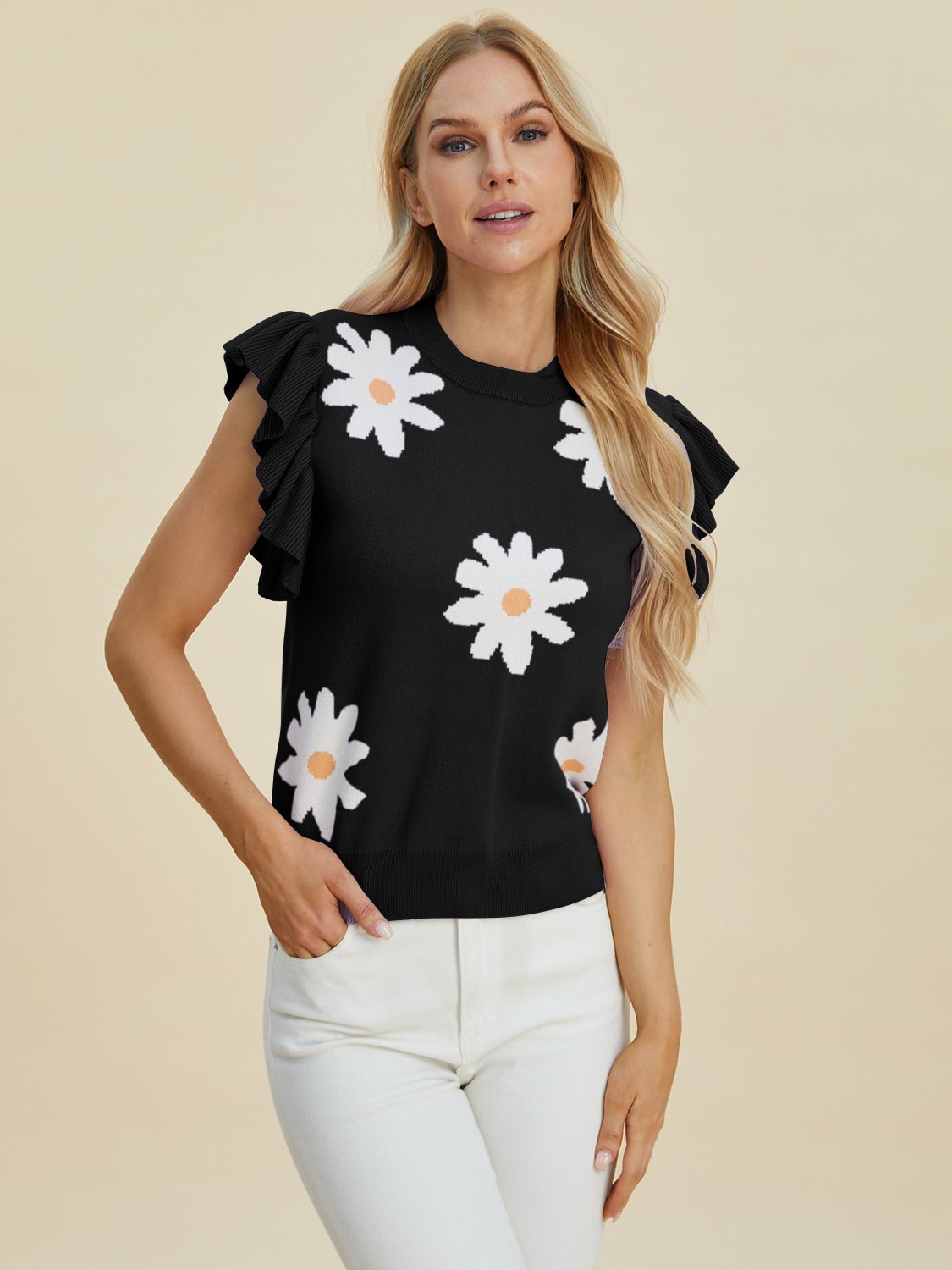 Double Take - Black Ruffled Cap Sleeve Daisy Pattern Sweater