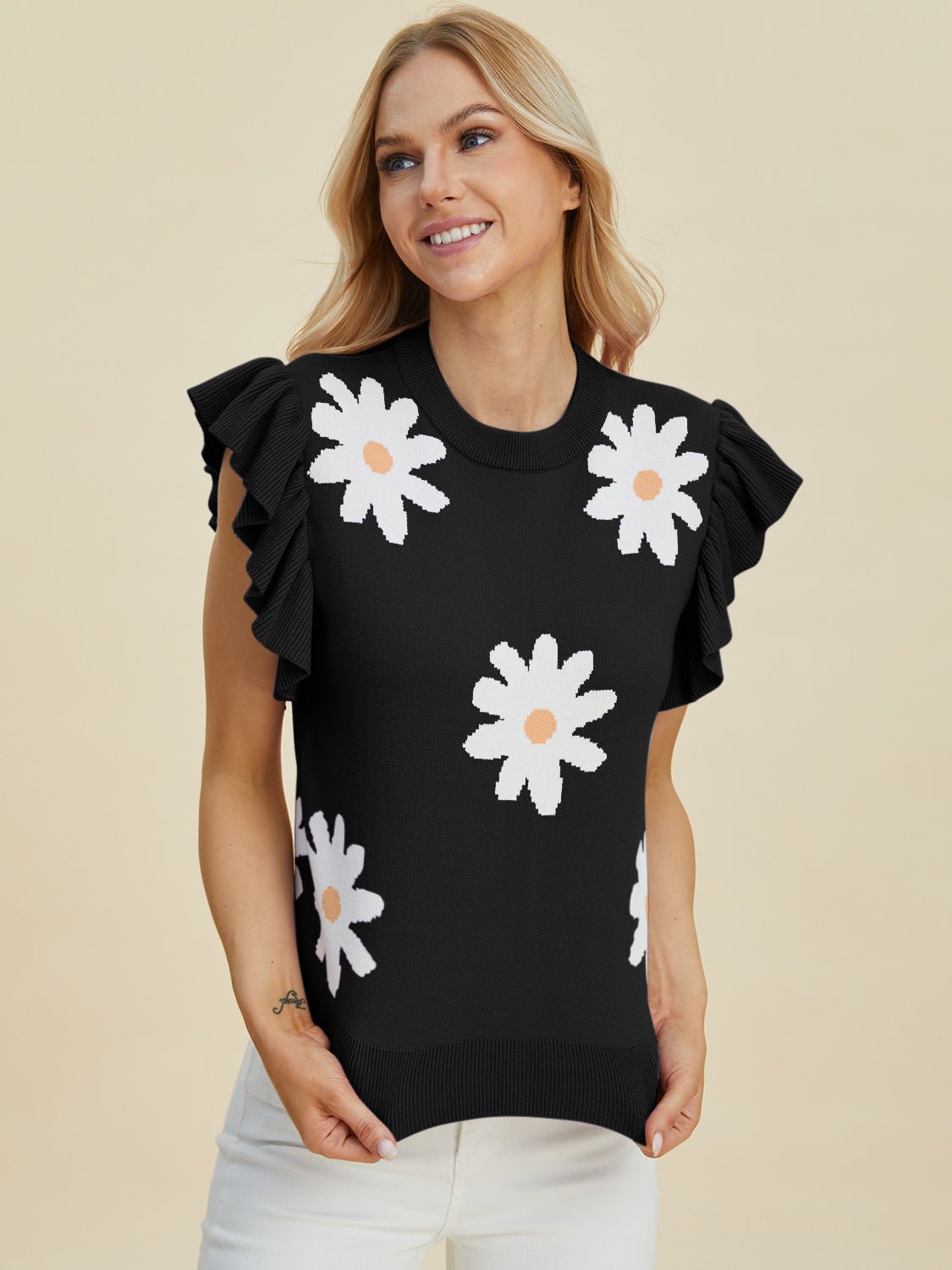 Double Take - Black Ruffled Cap Sleeve Daisy Pattern Sweater