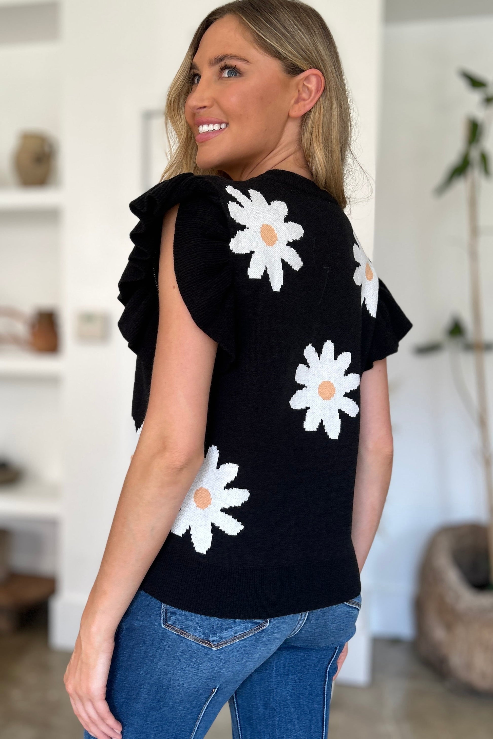 Double Take - Black Ruffled Cap Sleeve Daisy Pattern Sweater