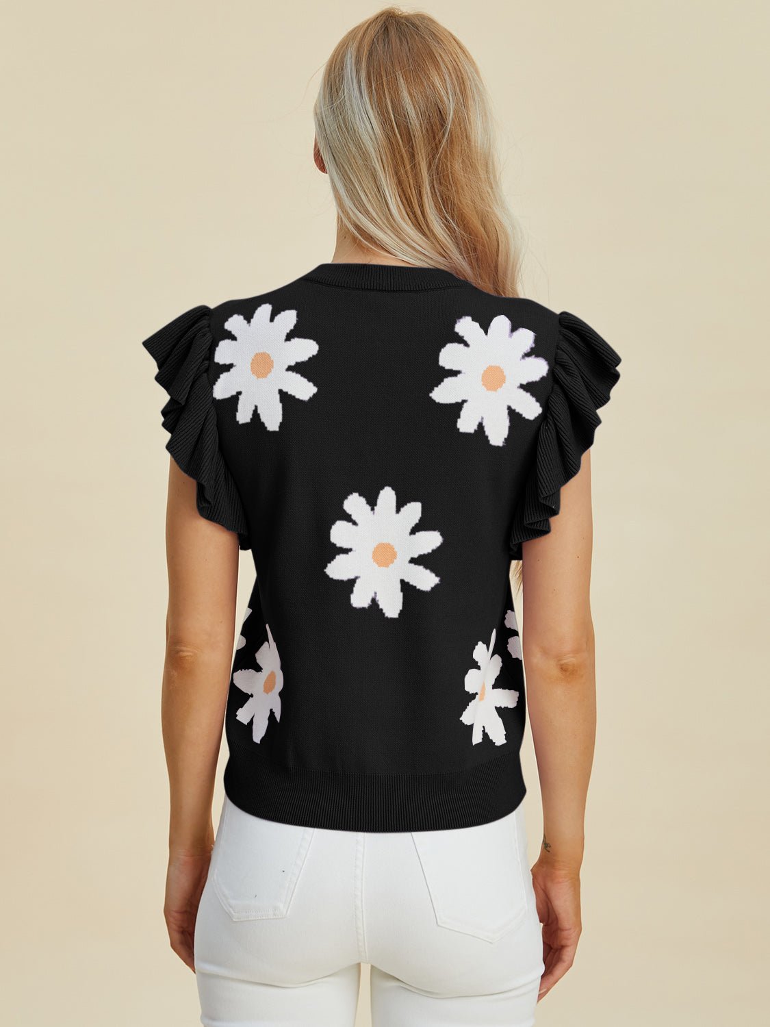 Double Take - Black Ruffled Cap Sleeve Daisy Pattern Sweater