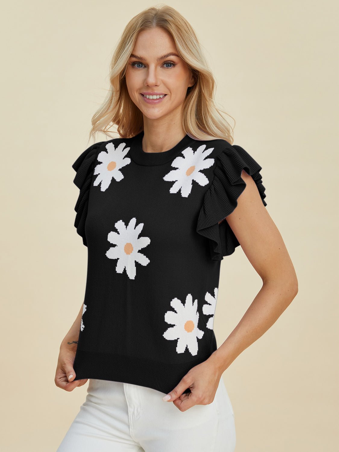 Double Take - Black Ruffled Cap Sleeve Daisy Pattern Sweater