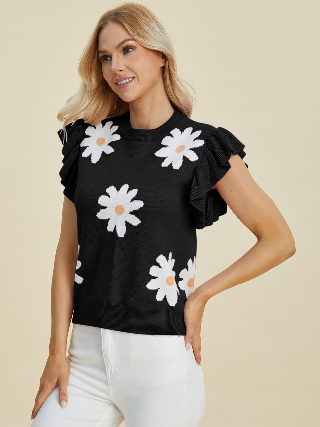 Double Take - Black Ruffled Cap Sleeve Daisy Pattern Sweater