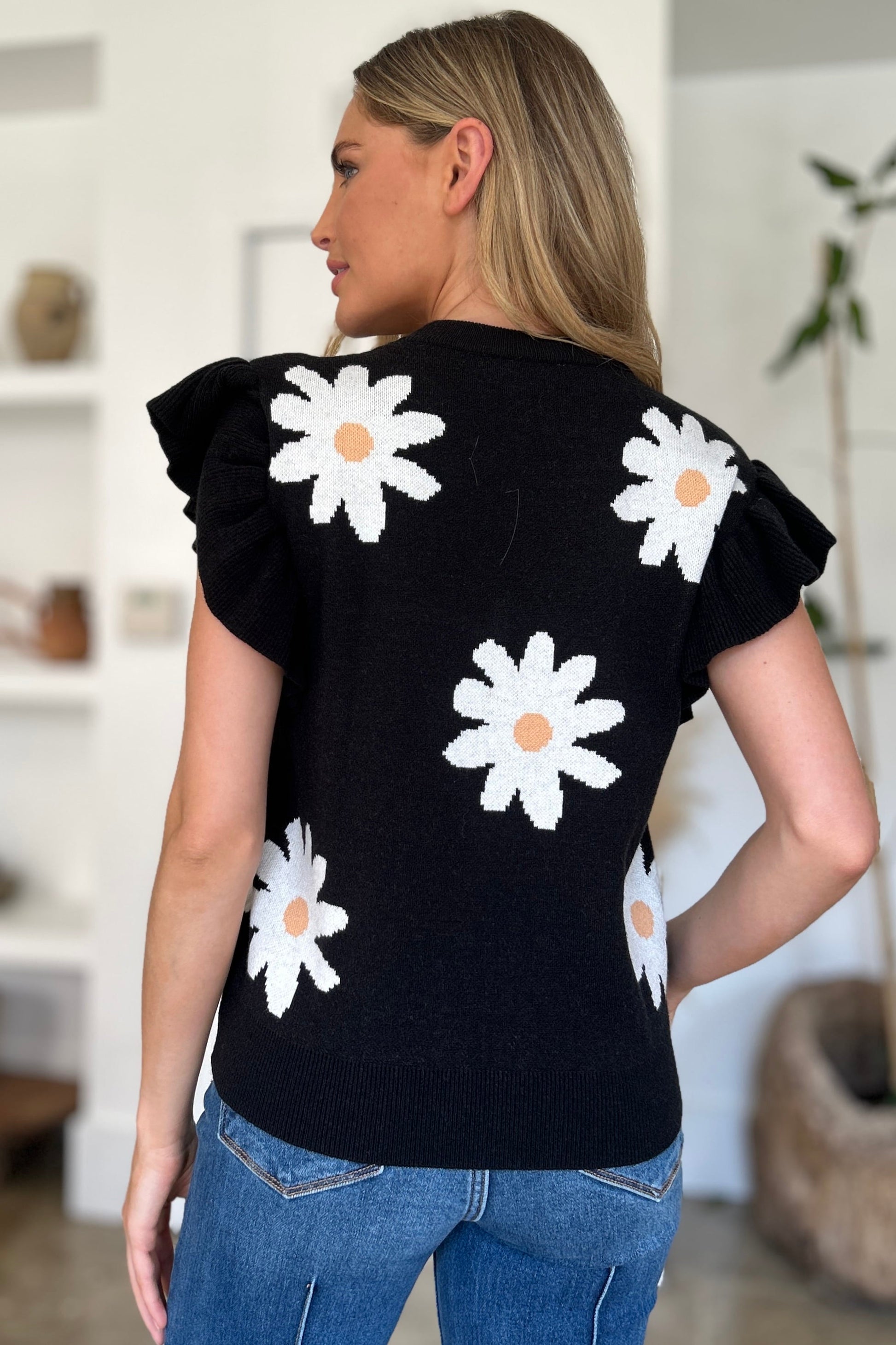 Double Take - Black Ruffled Cap Sleeve Daisy Pattern Sweater