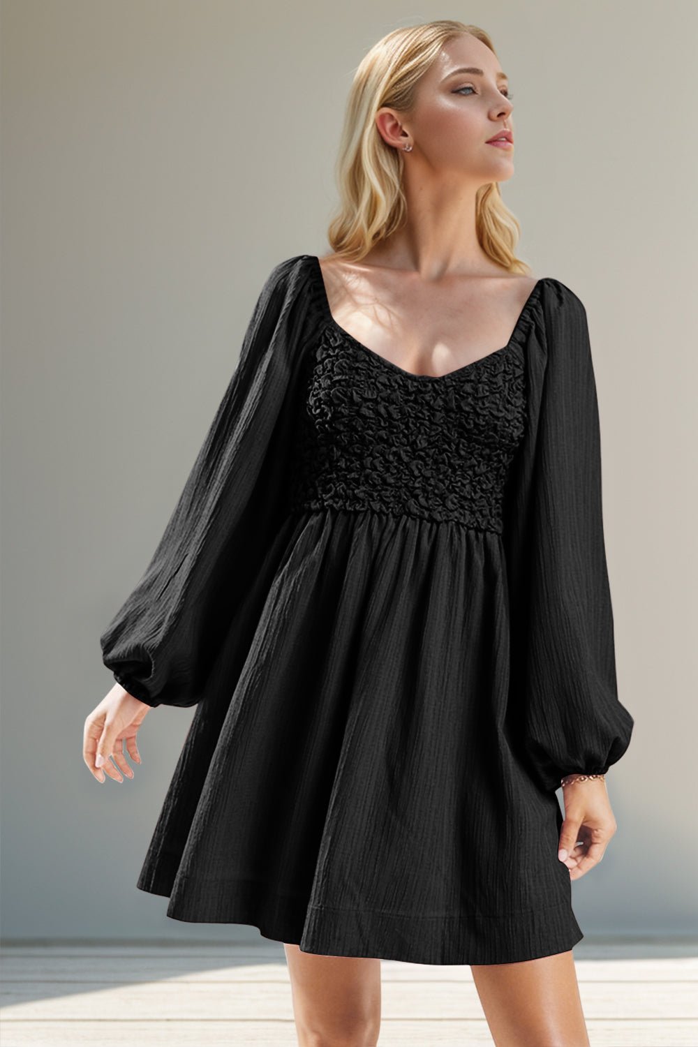 Double Take - Black Smocked Balloon Sleeve Mini Dress